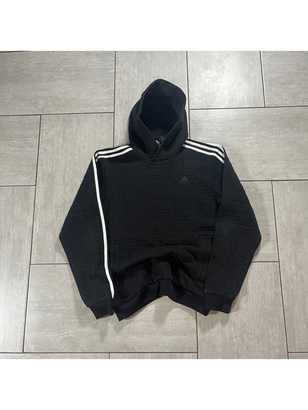 Adidas Black Embossed Three Stripes Hoodie Sweatshirt medium